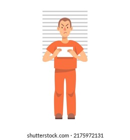 Ilustración vectorial criminal. Carácter arrestado, tipo enfadado aislado en blanco. Seguridad, delincuencia, derecho, justicia