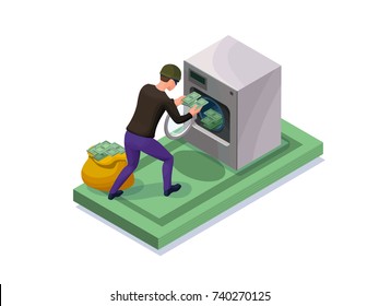 Criminal washing banknotes in machine, money laundering icon with bandit, financial fraud concept, isometric 3d vector illustration