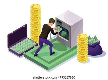 Criminal washing banknotes in machine, money laundering icon with bandit, financial fraud concept, isometric 3d vector illustration