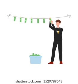 Criminal washing banknotes or money laundering icon with a man in a business suit flat cartoon vector illustration isolated on white background. Financial fraud concept.