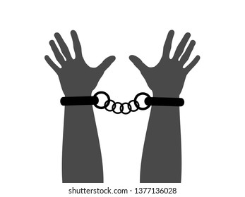 Criminal Is Wearing Cuffs And Handcuffs On Wrist, Hand And Arm. Imprisonment Because Of Crime. Vector Illustration