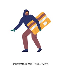 Criminal wearing hoodie and face mask steal credit card information. Computer fraud or online data thief, flat vector concept. Hacker stealing money illustration.