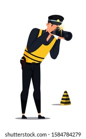 Criminalist photographing evidence. Man in uniform examining crime scene. Person character with camera and striped road cone isolated on white. Forensic specialist. Policeman. Vector illustration