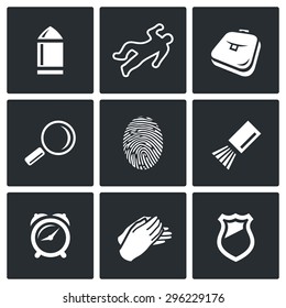 Criminalistics. Search criminal icons set. Vector Illustration. Isolated Flat Icons collection on a black background for design