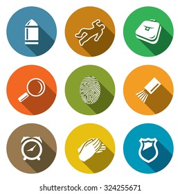 Criminalistics. Search criminal icons set. Vector Illustration.