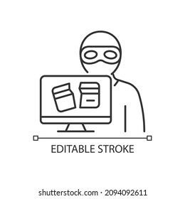 Icono lineal de ataque con motivación criminal. La interrupción de la computadora para ganar dinero. Ilustración personalizable de línea delgada. Símbolo de contorno. Dibujo de contorno aislado del vector. Trazo editable. Tipo de letra arial utilizado