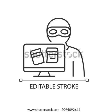 Criminally motivated attack linear icon. Computer disruption to gain money. Thin line customizable illustration. Contour symbol. Vector isolated outline drawing. Editable stroke. Arial font used