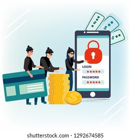 Criminals, burglars or crackers in black hats, masks and clothes stealing personal information and money from smartphone. Concept of hacker attack internet activity or security hacking. Phishing scam.