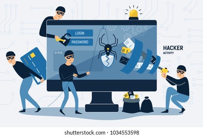 Criminals, burglars or crackers wearing black hats, masks and clothes stealing personal information from computer. Concept of hacker internet activity or security hacking. Cartoon vector illustration.