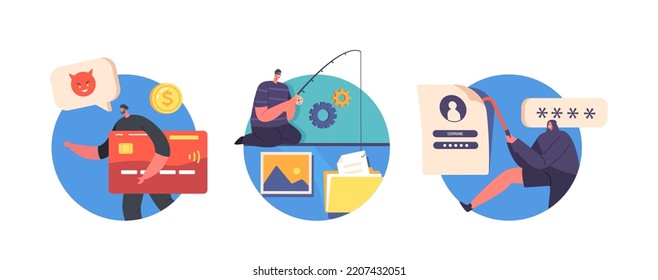 Criminals, Burglars, Hackers Or Crackers Wearing Masks Holding Rod, Stolen Credit Card and Crowbar Isolated Icons or Avatars. User Personal Data Stealing From Pc. Cartoon People Vector Illustration