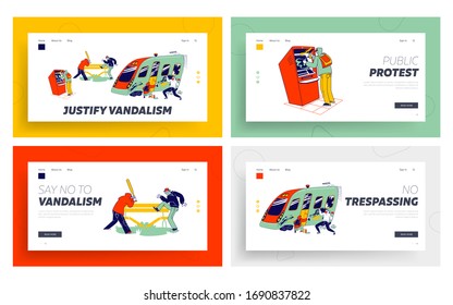 Criminals Destroying Property, Vandalism And Anger Landing Page Template Set. Teenagers Characters Graffiti Painting, Breaking Bench, Paint On Atm, Teen Violence. Linear People Vector Illustration