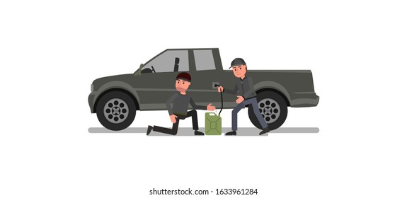 Criminals are draining gas from the tank of another car. Vector illustration. Isolated on a white background. flat composition