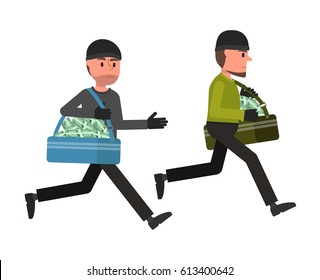 Criminals escape from the crime scene. Vector illustration. Flat style design. Isolated on a white background.