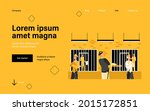 Criminals and guards in state prison. Policemen watching prisoners in cells of police department. Vector illustration for investigation, justice, jail concept