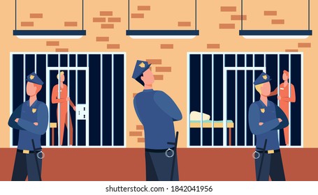 Criminals and guards in state prison. Policemen watching prisoners in cells of police department. Vector illustration for investigation, justice, jail concept