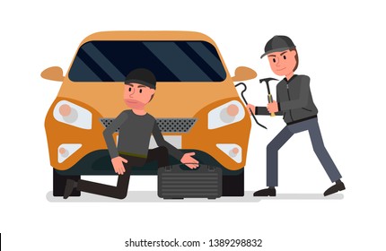 Criminals hijack a car. Vector illustration, flat style drawing. Isolated on a white background.