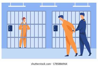 Criminals in jail concept. Guard officer escorting prisoner to prison room. Vector illustration for jailhouse worker, police investigation, crime, jail security work concepts