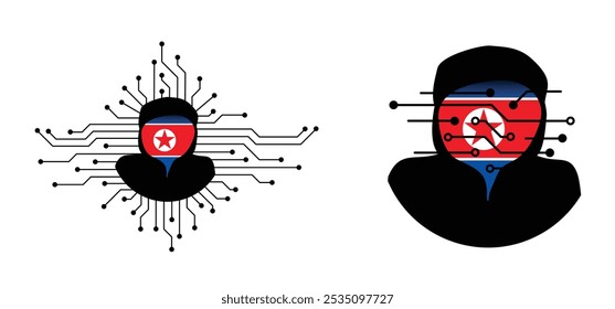 Criminosos mascaram roubar dados. Guerra híbrida e guerra, ataque DDoS. Guerra cibernética, conflito na Coreia do Norte. Hackers, crimes cibernéticos e phishing de criminosos cibernéticos roubam informações pessoais ou de negócios. Espiões digitais