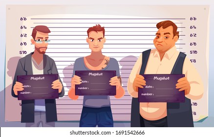 Kriminelle mit Schussplatten in Händen stehen auf der Messung des Höhenuntergrundes in der Polizeiwache. Festgenommene Männer Gangster posieren für Identitätsschleifschuss Vorderfoto. Cartoon-Vektorillustration-Illustration