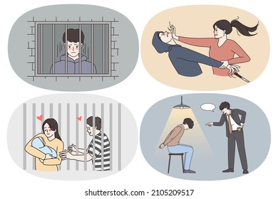 Criminals on freedom and in prison concept. Set of criminals thieves robbers attacking people living in prison and meeting family victims hitting them back trying to self defend vector illustration 