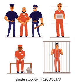 Criminals and policemen in prison - crime system concept, isolated set of cartoon prisoner people in jail cell, during arrest and mugshot. Vector illustration
