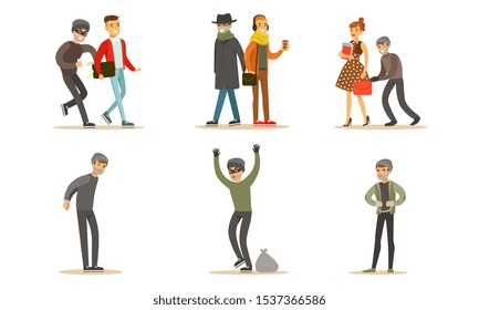 Criminals and Robbers Characters Set, Pickpockets in Dark Clothes Stealing Wallets From Handbag and Pockets of People Vector Illustration