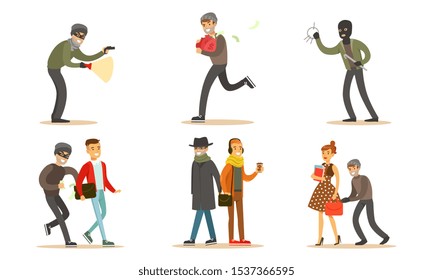 Criminals and Robbers Characters Set, Pickpockets in Dark Clothes Stealing Wallets Vector Illustration