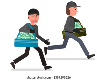 The criminals run away from the police and shoot with them. Vector illustration, flat style drawing. Isolated on a white background.