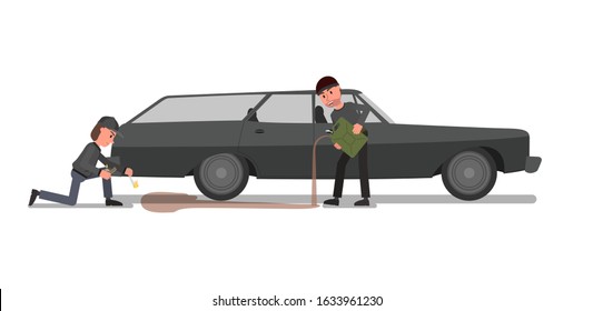 Criminals set fire to a car. Vector illustration. Isolated on a white background.