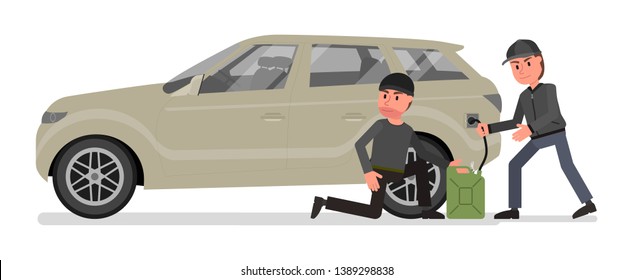 Criminals steal toplevo from the car in the parking lot. Vector illustration, flat style drawing. Isolated on a white background.