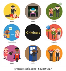 Criminals and victims, police Various crime situations vector illustration flat design