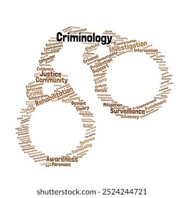 Criminology Word Cloud. Composition of Words Related to Crime, Justice, and Law Enforcement. Isolated Background.