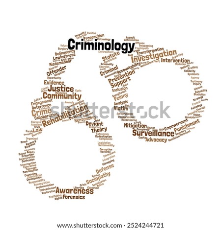 Criminology Word Cloud. Composition of Words Related to Crime, Justice, and Law Enforcement. Isolated Background.