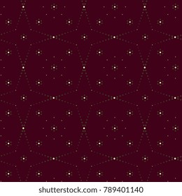 Crimson background micro floral pattern. Tessellated dashed line ornament. Dot stripes mini ecru flowers on a maroon red. Pastel color vintage print block for fabric, textile, wallpaper, chintz, paper