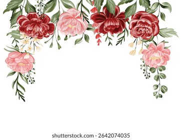 Crimson and Blush Floral Garland: Watercolor Botanical Border