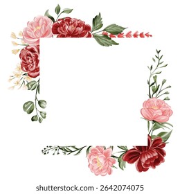 Crimson and Blush Peony Square Frame, Watercolor Floral Border