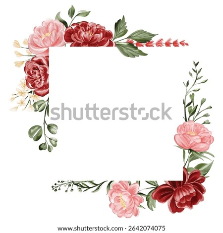 Crimson and Blush Peony Square Frame, Watercolor Floral Border