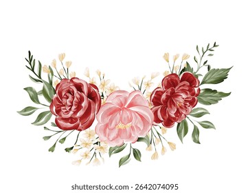 Crimson and Blush Watercolor Floral Crescent Arrangement
