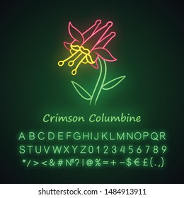 Crimson columbine neon light icon. Aquilegia formosa. Blooming wildflower. Spring blossom. Red columbine. Wild herbaceous plant. Glowing sign with alphabet, numbers. Vector isolated illustration