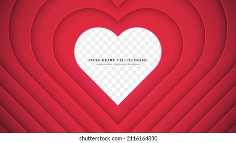 Crimson Cut Out Layered Paper Heart Frame Happy Valentine's Day Background. 3D Cutout Red Cardboard Decorative Hearts Shapes Love Symbol Romantic Wallpaper. Valentines Day Heart Transparent Border