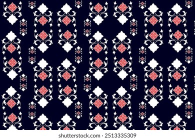 Crimson Damask Dreams: An elegant and intricate damask pattern in navy, white, and coral red, perfect for luxurious backgrounds, textiles, and more.