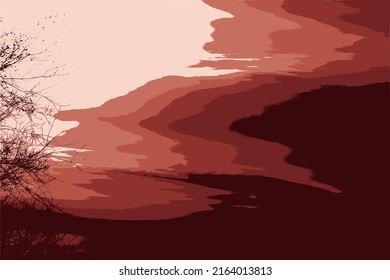 Crimson dawn with tree branches and their reflections. Vector landscape.