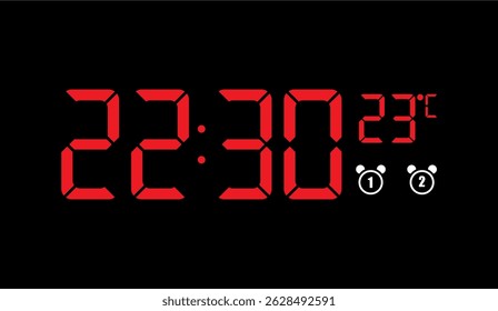 Tela Digital Crimson: 22:30 Hora com Temperatura 23�C e ícones de relógio de alarme duplo no fundo preto, ilustrando uma cronometragem digital moderna