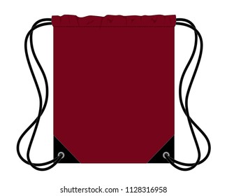 Crimson Drawstring Bag With Black Rope Design On White Background, Flat Lay, Vector File.