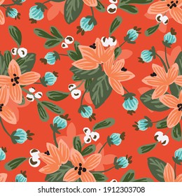 Crimson flower land seamless vector pattern. Lovely hand-painted floral pattern in peach green, blue on bright red. Great for home decor, fabric, wallpaper, gift-wrap, stationery, and design projects.