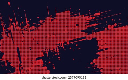 Crimson Halftone Splatter, A dynamic abstract design featuring red dots and splashes against a deep navy background creating a bold, textured and slightly distressed effect,