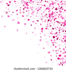 Crimson hearts confetti frame border invitation card vector background. Retro falling hearts shapes illustration. Love concert party graphic design.