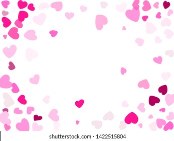 Crimson hearts confetti frame border Valentines Day vector background. Trendy falling hearts scatter illustration. Love concert holiday graphic design.