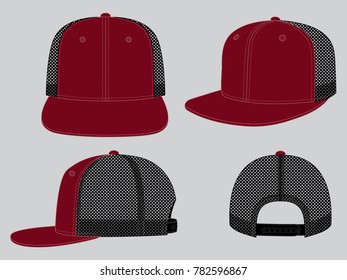 Crimson hip hop cap with mesh black at side and back panels, adjustable snap back closure strap template on gray background, vector file.