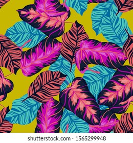 Crimson Jungle Leaf Vector Seamless Pattern. Azure Tropic Monstera Pattern California Style. Powder Tree Fabric Backdrop. Air Palm Leaf Print